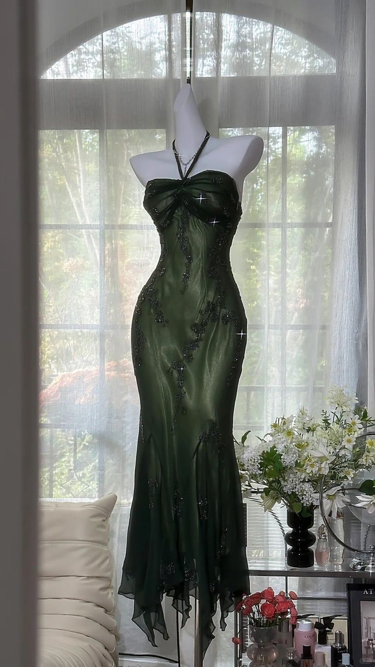 Modest Mermaid Halter Dark Green Chiffon Prom Dresses Party Dress 20th Birthday Outfits Graduation Dress N1616