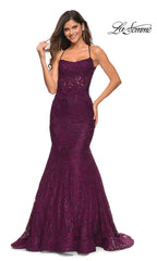 La Femme Sheer-Bodice Long Lace Mermaid Prom Dress