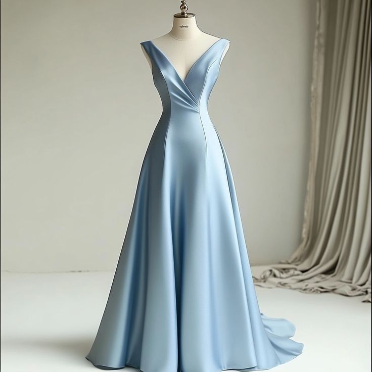 Women's Cocktail Party Gowns A Line V Neck Light Sky Blue Satin With Pleated Long Graduation Dinner Outfits Prom Dresses AB1904