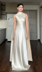 Chic Sheath Scoop Neck Champagne With Pleated Cape Long Party Women Prom Dresses AB1906