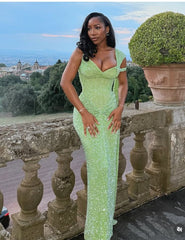 Sparkly Mermaid Sweetheart Green Sequin Long Sleeveless Formal For Women Girls Teens Prom Dresses N2297