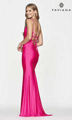 Lace-Up-Back Faviana Hot Pink Long Prom Dress