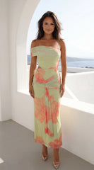 Petaluxe Off Shoulder Floral Print Maxi Dress - Light Green Multi