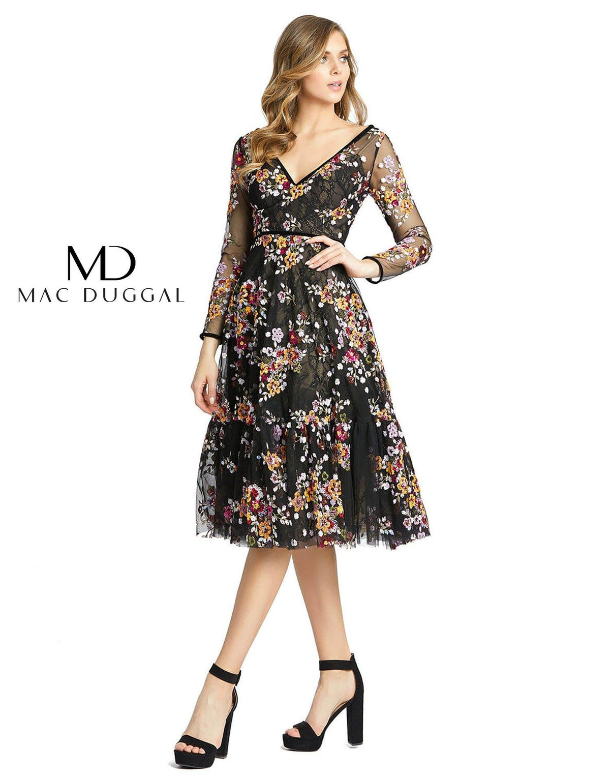 Long Sleeve Floral Cocktail Dress Floral Detail Mac Duggal 67499