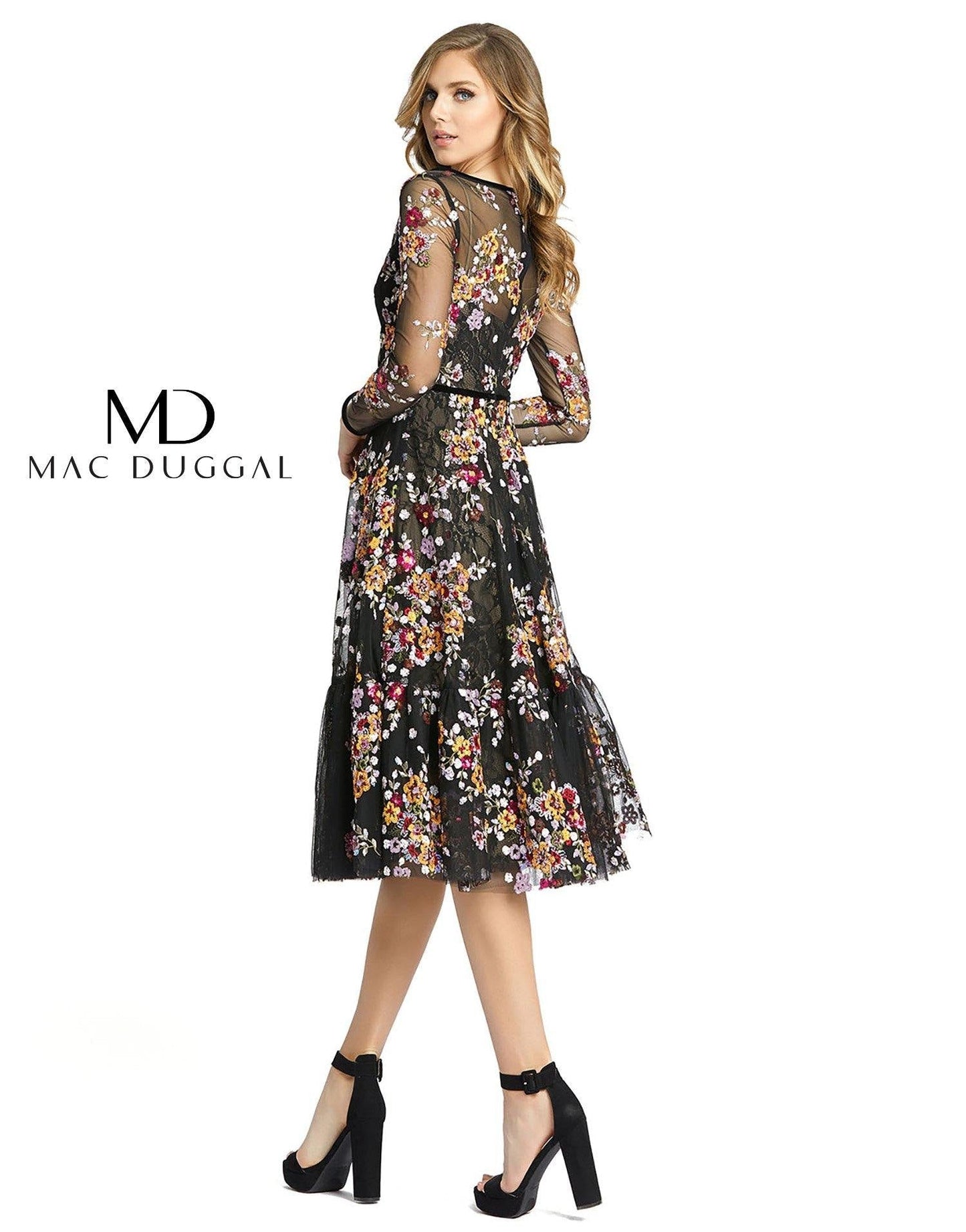 Long Sleeve Floral Cocktail Dress Floral Detail Mac Duggal 67499