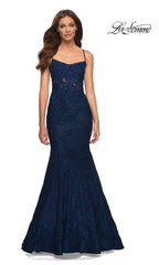 La Femme Sheer-Bodice Long Lace Mermaid Prom Dress