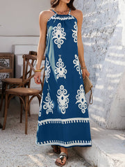 Indy Abstract Halter Neckline Maxi Dress - navy