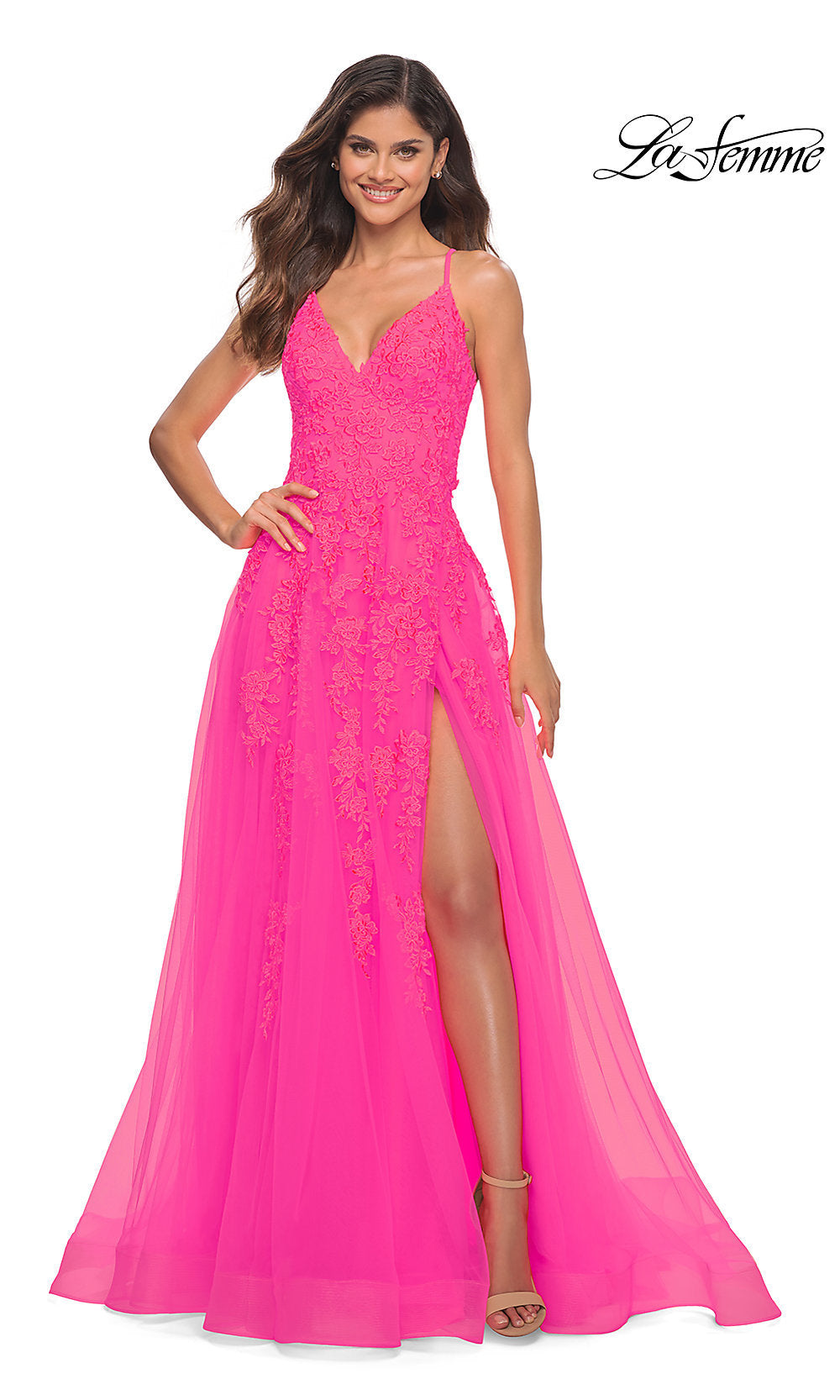 La Femme Neon Pink Embroidered Long Prom Dress