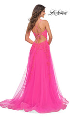 La Femme Neon Pink Embroidered Long Prom Dress