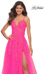 La Femme Neon Pink Embroidered Long Prom Dress