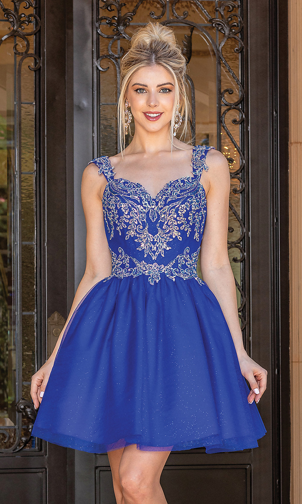 Short Embroidered Glitter Babydoll Party Dress